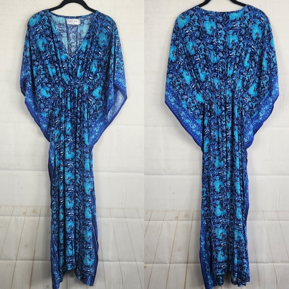 Rujuta Sheth Boho Resort Garden Marie Cinched Kaftan Maxi Dress Blue S/M - Picture 3 of 14